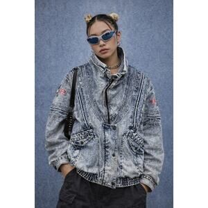 VTG Acid Wash Denim Jacket Floral Embroidered Retro 80s/90s Streetwear Medium